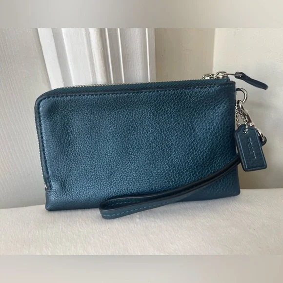 Coach Teal Blue Double Zip Leather Wristlet via - Picture 11 of 12